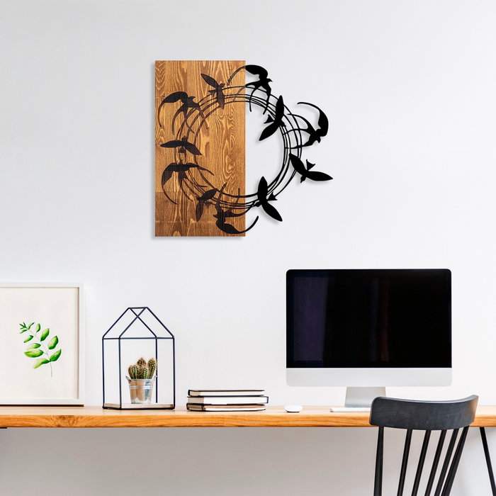 Wallity Spiral Birds 1 Escultura de pared de madera y metal Nogal y Negro